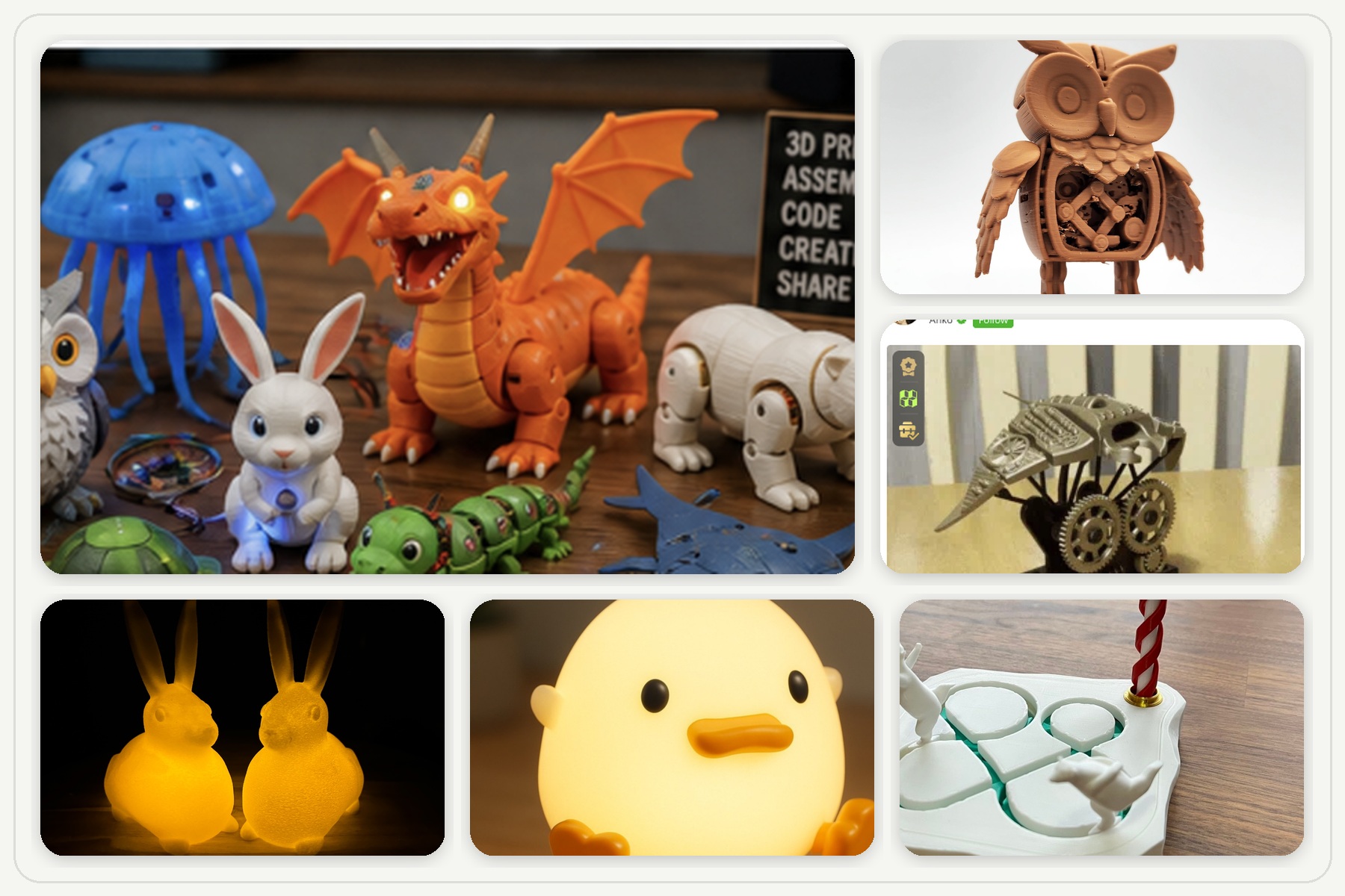 A wooden table covered with 3D printed creatures: a glowing jellyfish, an orange dragon with light-up eyes, a white rabbit, an owl, a green caterpillar, an articulated armadillo, and more.